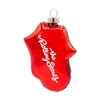 Load image into Gallery viewer, Rolling Stones iconic tongue logo glass Christmas ornament with cursive band name lettering