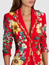 Load image into Gallery viewer, Close-up detail of a fitted red floral blazer with deep V neckline and gold buttons
