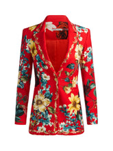 Load image into Gallery viewer, Alice and Olivia fitted blazer with bold floral print on red background, single-breasted
