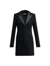 Load image into Gallery viewer, Black tuxedo mini dress with embellished lapels and structured long sleeves on white background