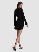 Load image into Gallery viewer, Model wearing a fitted long-sleeve button-down mini dress with nipped waist, back view