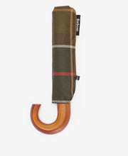 Load image into Gallery viewer, Barbour tartan mini umbrella folded with curved wooden handle, classic plaid pattern