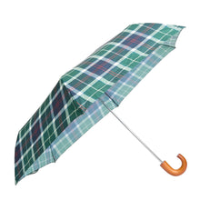Load image into Gallery viewer, Open folding umbrella with green tartan plaid pattern and curved wooden handle