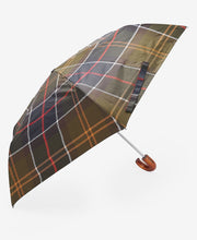 Load image into Gallery viewer, Barbour tartan mini umbrella open, featuring classic plaid pattern with wooden crook handle