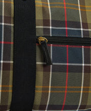 Load image into Gallery viewer, Close-up detail of zipper pull and strap on Barbour tartan holdall bag