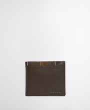 Load image into Gallery viewer, Barbour bifold leather wallet with tartan fabric interior detail, back view