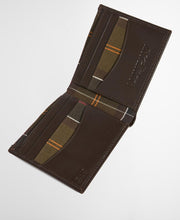 Load image into Gallery viewer, Open brown leather bifold wallet with tartan fabric interior and multiple card slots