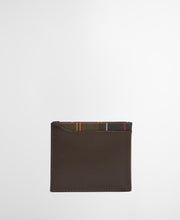 Load image into Gallery viewer, Back view of a brown leather bifold wallet with tartan fabric interior lining visible at top