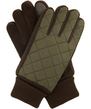 Load image into Gallery viewer, Barbour quilted gloves with olive green diamond-stitched back and dark brown knit cuffs