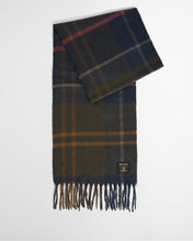 Load image into Gallery viewer, Barbour Yorklane scarf folded flat showing tartan plaid pattern with fringe ends