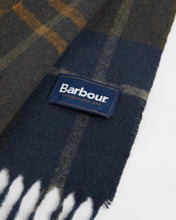 Load image into Gallery viewer, Close-up detail of Barbour branded label on a tartan wool scarf with fringe