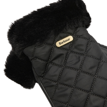 Load image into Gallery viewer, Close-up detail of quilted Barbour glove with faux fur cuff trim and gold logo badge