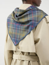 Load image into Gallery viewer, Barbour Kinsale tartan scarf worn draped over shoulders on model in trench coat, back view