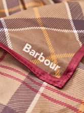 Load image into Gallery viewer, Close-up detail of Barbour branded label on a tartan plaid scarf with burgundy trim
