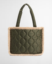 Load image into Gallery viewer, Quilted olive tote bag with sherpa trim border and padded shoulder straps