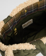 Load image into Gallery viewer, Interior detail of Barbour tote bag showing tartan lining, zip pocket, and Barbour label