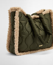 Load image into Gallery viewer, Barbour Marnie quilted tote bag with teddy sherpa trim, shown at an angle