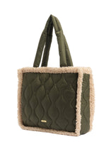 Load image into Gallery viewer, Barbour quilted tote bag with sherpa trim and padded handles, angled side view