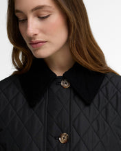 Load image into Gallery viewer, Close-up detail of Barbour quilted jacket with corduroy collar and branded buttons