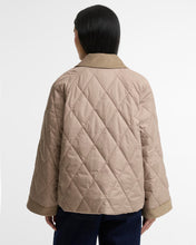 Load image into Gallery viewer, Back view of a quilted jacket with diamond stitching pattern and contrast corduroy collar trim