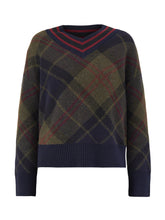 Load image into Gallery viewer, Barbour Shae Knit Shadow tartan V-neck pullover sweater with navy ribbed trim