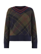 Barbour Shae Knit Shadow tartan V-neck pullover sweater with navy ribbed trim