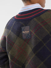 Load image into Gallery viewer, Close-up back view of Barbour argyle knit sweater showing brand label patch and collar detail