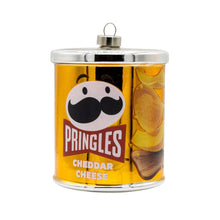 Load image into Gallery viewer, Miniature Pringles Cheddar Cheese can shaped holiday glass ornament with hanging loop