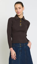 Load image into Gallery viewer, Woman wearing a ribbed knit polo sweater with vegan leather collar and gold turnlock buttons