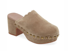 Load image into Gallery viewer, Chocolat Blu suede platform clog mule with scalloped edge and brass stud detailing