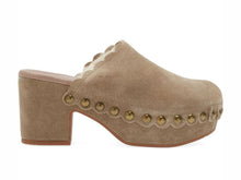 Load image into Gallery viewer, Chocolat Blu suede platform clog mule with shearling lining and brass stud detailing