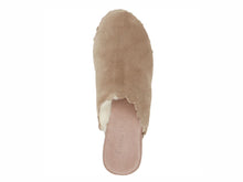 Load image into Gallery viewer, Top-down view of a suede mule slipper with scalloped edge and shearling lining