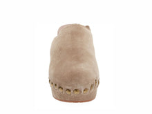 Load image into Gallery viewer, Back view of a suede wedge clog bootie with studded platform sole and pull tab
