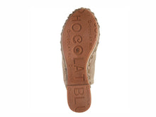 Load image into Gallery viewer, Bottom sole view of Chocolat Blu wedge sandal showing brand name and size six imprint