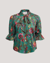 Load image into Gallery viewer, Green floral satin blouse with bow neckline, puff sleeves, and button front closure
