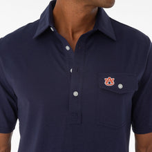 Load image into Gallery viewer, Close-up of Auburn University logo polo shirt with chest pocket and snap buttons