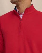 Load image into Gallery viewer, Men's quarter-zip pullover layered over a plaid button-down shirt, close-up view