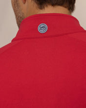 Load image into Gallery viewer, Close-up of men's quarter zip pullover back collar with Southern Tide skipjack logo patch