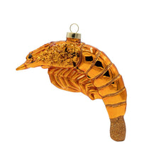 Load image into Gallery viewer, Glossy glass shrimp Christmas ornament with glitter details and golden hanging loop