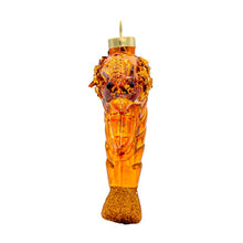 Load image into Gallery viewer, Detailed glass shrimp holiday ornament with glittery tail and golden cap for hanging