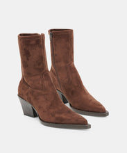Load image into Gallery viewer, Pair of suede western-style ankle boots with pointed toe and block heel
