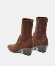 Load image into Gallery viewer, Rear view of suede ankle boots with block heel, side zipper, and pointed toe