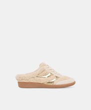 Load image into Gallery viewer, Slip-on mule sneaker with shearling lining, suede upper, and gold metallic side stripe