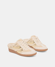 Load image into Gallery viewer, Pair of slip-on sneaker mules with shearling lining, lace detail, and gum sole