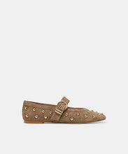 Load image into Gallery viewer, Studded suede Mary Jane flat with gold dome studs and buckle strap, pointed toe