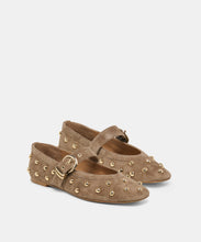 Load image into Gallery viewer, Studded suede Mary Jane ballet flats with gold dome studs and buckle strap, shown as a pair