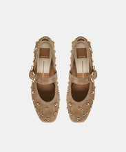 Load image into Gallery viewer, Dolce Vita studded suede Mary Jane flats with gold dome studs and buckle strap, overhead view