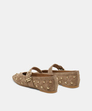 Load image into Gallery viewer, Back view of studded suede Mary Jane ballet flats with gold hardware and ankle strap