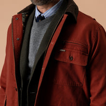 Load image into Gallery viewer, Close-up detail of a men's duck canvas barn coat with chest pocket and corduroy collar