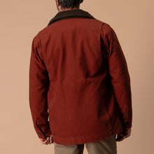Load image into Gallery viewer, Back view of men's duck canvas barn coat with dark corduroy collar and button cuffs
